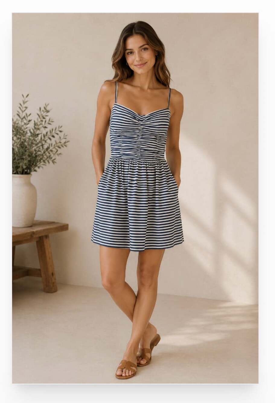Polo Ralph Lauren Dress Womens 10 Blue Striped Ruched Button Sundress Fit Flare